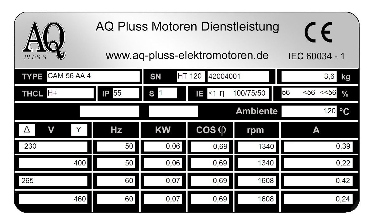 Elektromotor Typenschild 0,06 KW, 4 polig B14gr Flanschmotor, HTM 120, Nr 42004001