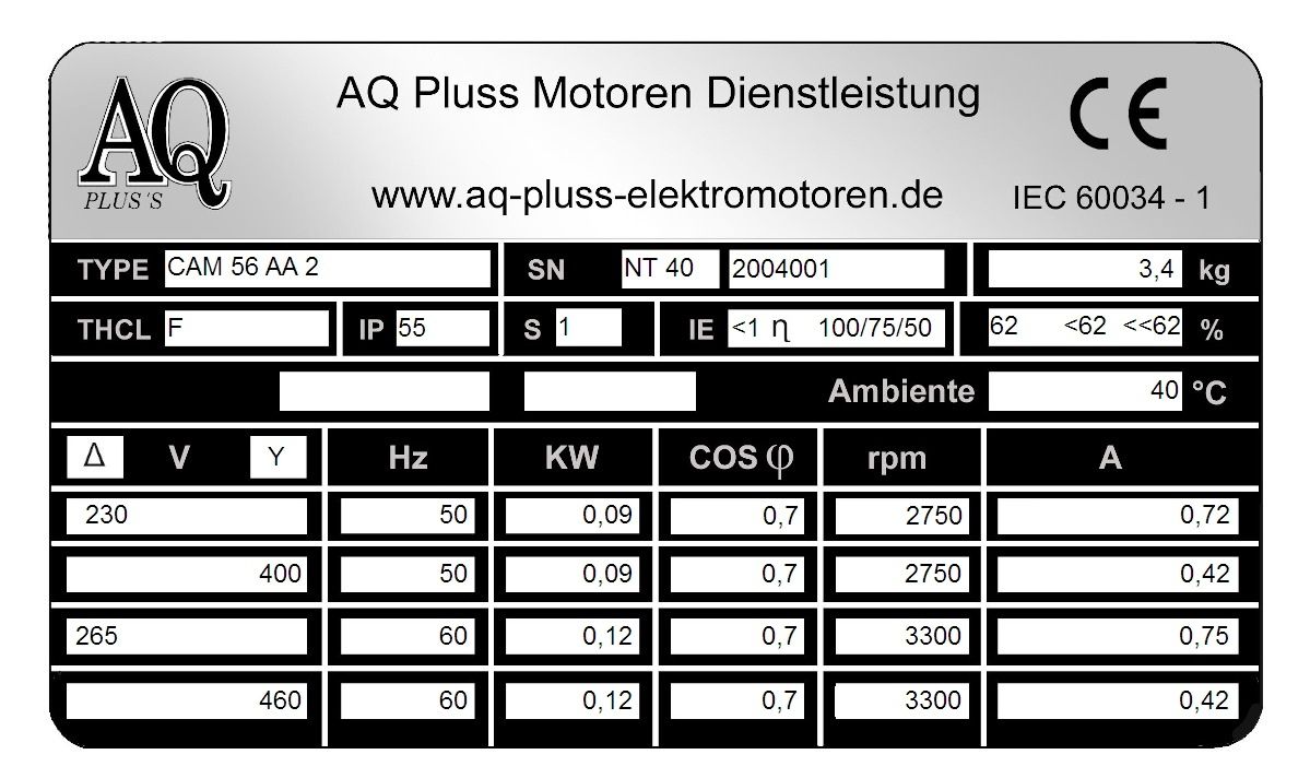Elektromotor Typenschild 0,09 KW 2 polig B34gr. Fu&szlig;/Flansch-Motor, NTM 40, Nr 2004001