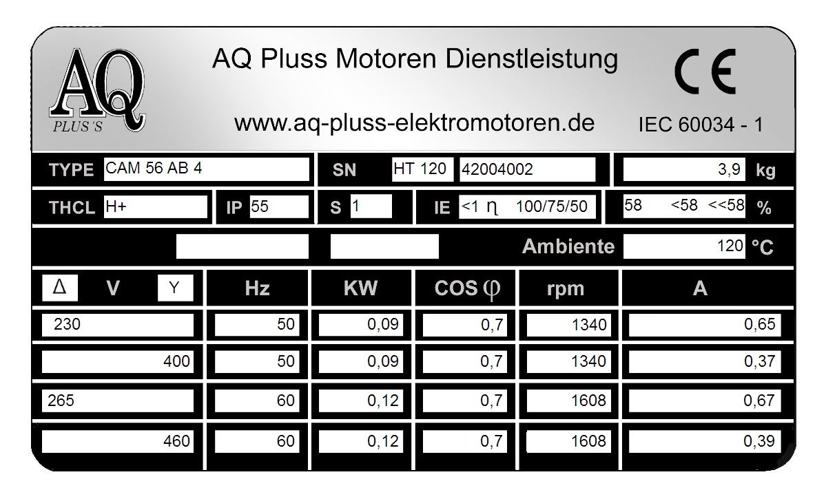 Elektromotor Typenschild 0,09 KW, 4 polig B34kl Fu&szlig;/Flansch-Motor, HTM 120, Nr 42004002