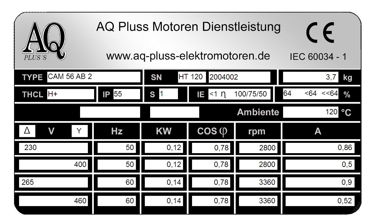 Elektromotor Typenschild 0,12 KW 2 polig B35. Fu&szlig;/Flansch-Motor, HTM 120, Nr 2004002