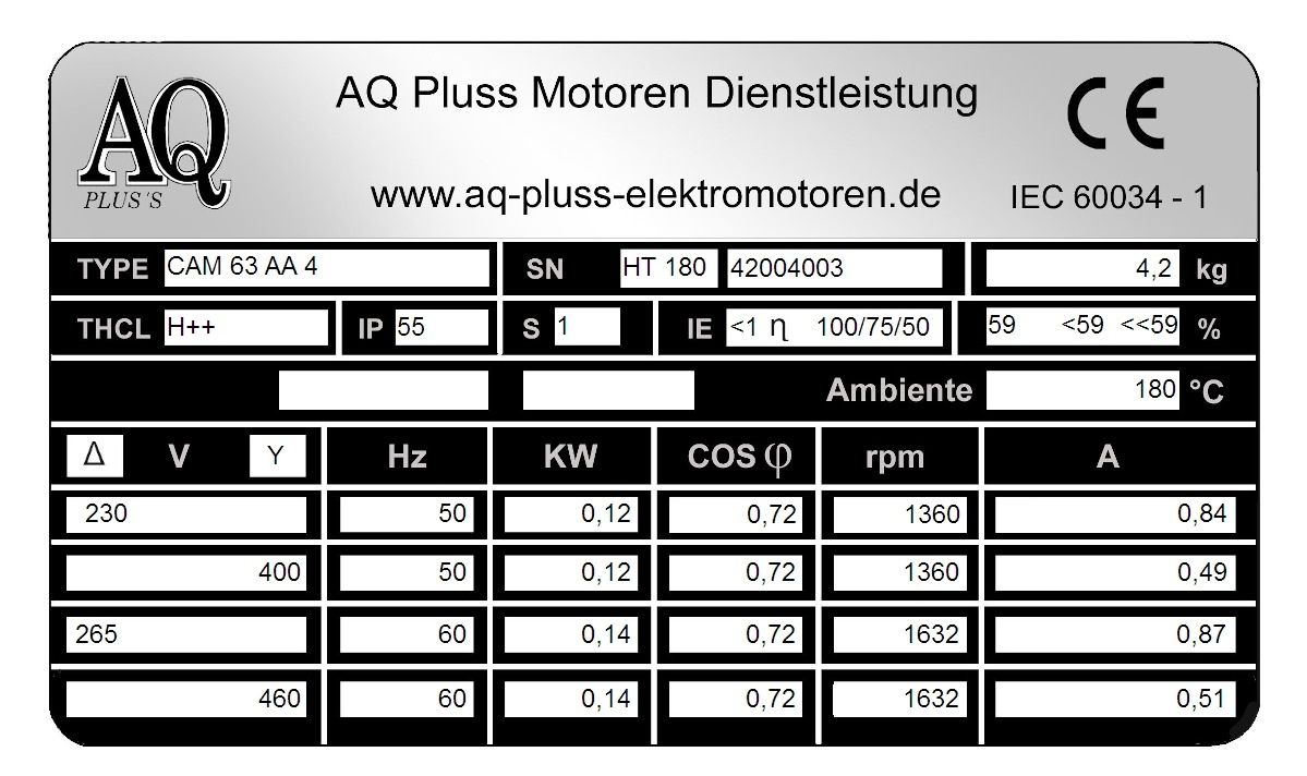 Elektromotor Typenschild 0,12 KW, 4 polig B34kl Fu&szlig;/Flansch-Motor, HTM 180, Nr 42004003