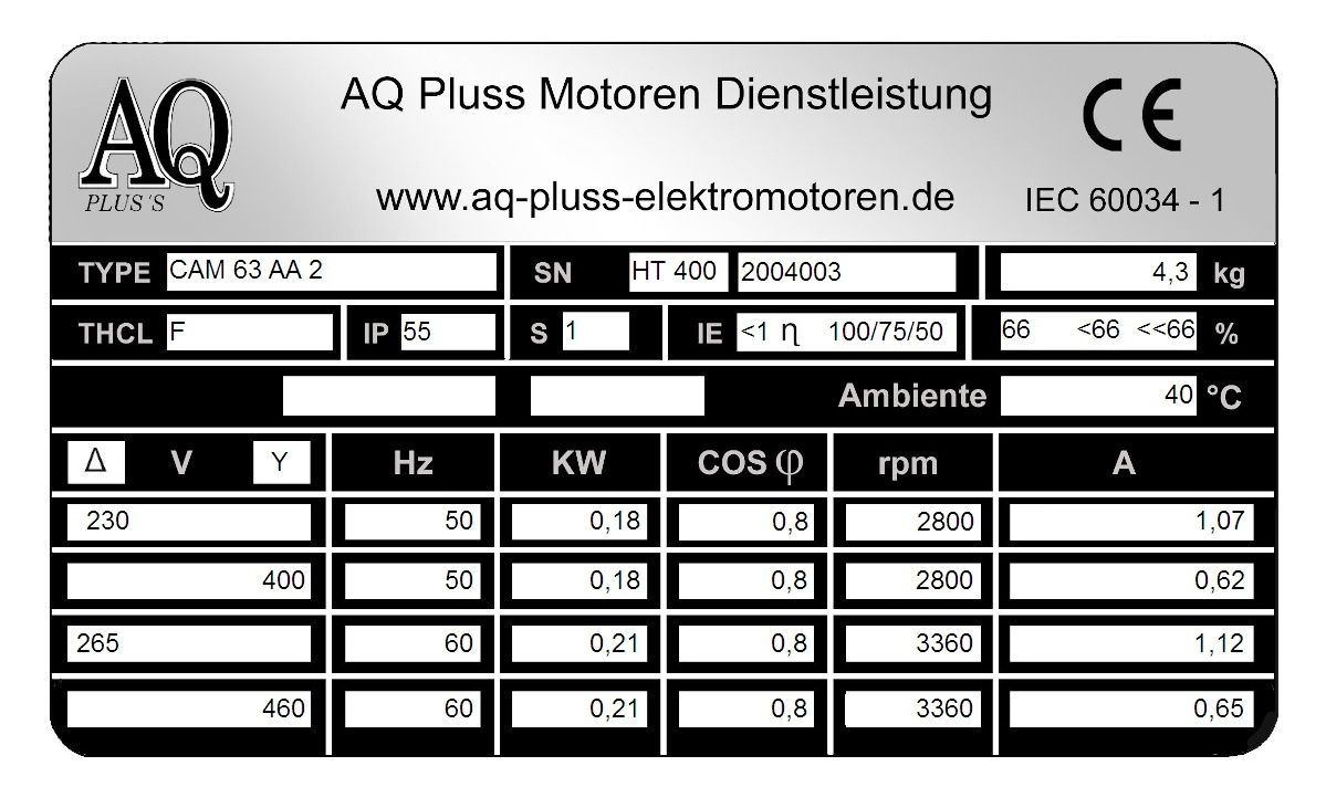 Elektromotor Typenschild 0,18 KW 2 polig B34gr. Fu&szlig;/Flansch-Motor, HTM 400, Nr 2004003