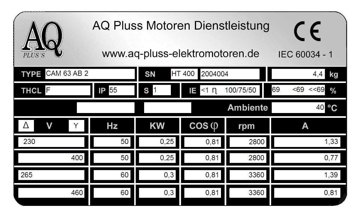 Elektromotor Typenschild 0,25 KW 2 polig B34kl. Fu&szlig;/Flansch-Motor, HTM 400, Nr 2004004