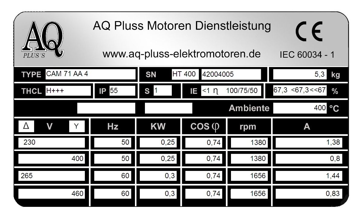 Elektromotor Typenschild 0,25 KW, 4 polig B3 Fu&szlig;motor, HTM 400, Nr 42004005
