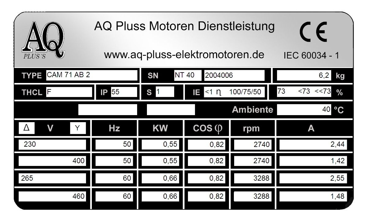 Elektromotor Typenschild 0,55 KW 2 polig B35. Fu&szlig;/Flansch-Motor, NTM 40, Nr 2004006
