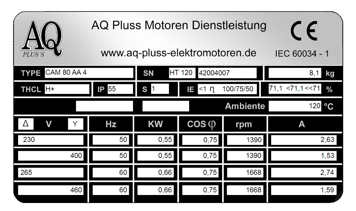 Elektromotor Typenschild 0,55 KW, 4 polig B3 Fu&szlig;motor, HTM 120, Nr 42004007