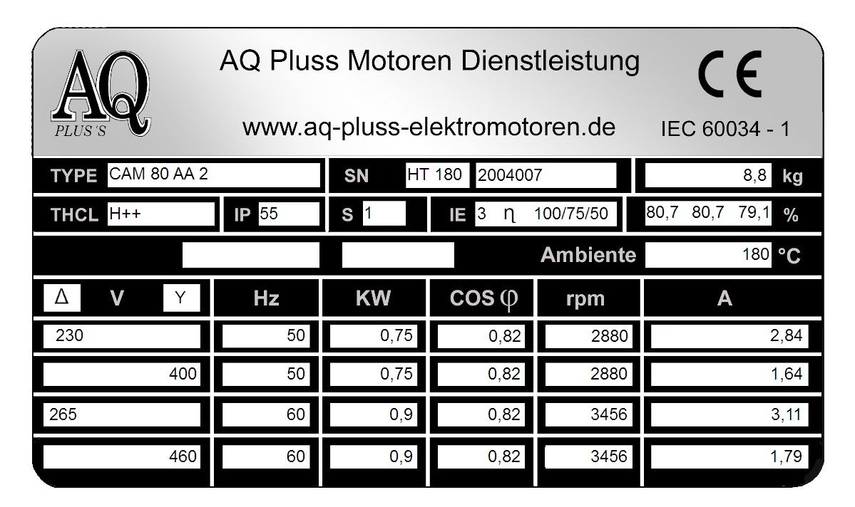 Elektromotor Typenschild 0,75 KW 2 polig B35. Fu&szlig;/Flansch-Motor, HTM 180, Nr 2004007