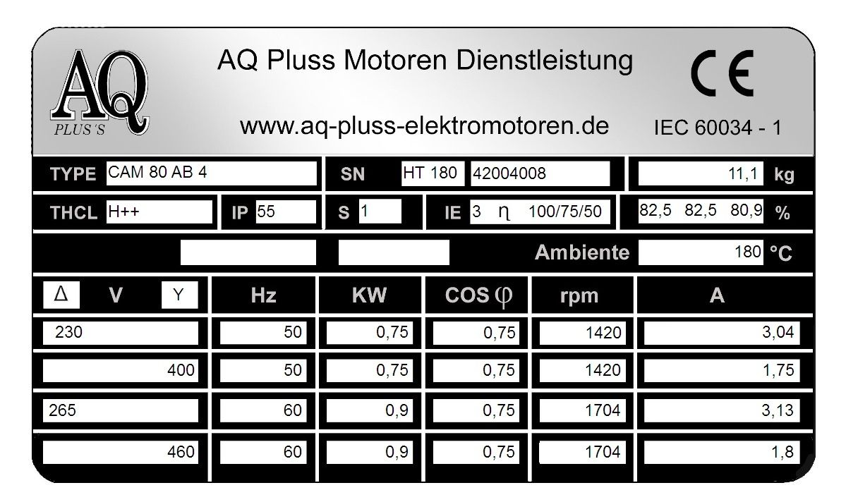 Elektromotor Typenschild 0,75 KW, 4 polig B34gr Fu&szlig;/Flansch-Motor, HTM 180, Nr 42004008
