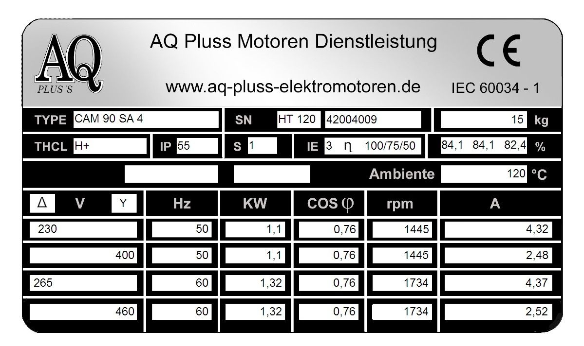 Elektromotor Typenschild 1,1 KW, 4 polig B34kl Fu&szlig;/Flansch-Motor, HTM 120, Nr 42004009