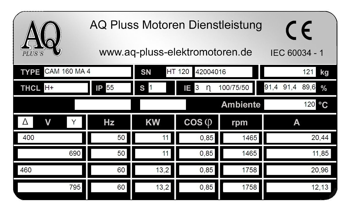 Elektromotor Typenschild 11 KW, 4 polig B35 Fu&szlig;/Flansch-Motor, HTM 120, Nr 42004016