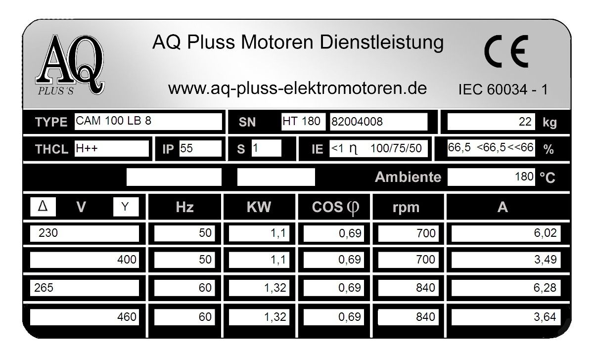 Elektromotor Typenschild 1,1 KW, 8 polig B35 Fu&szlig;/Flansch-Motor, HTM 180, Nr 82004008