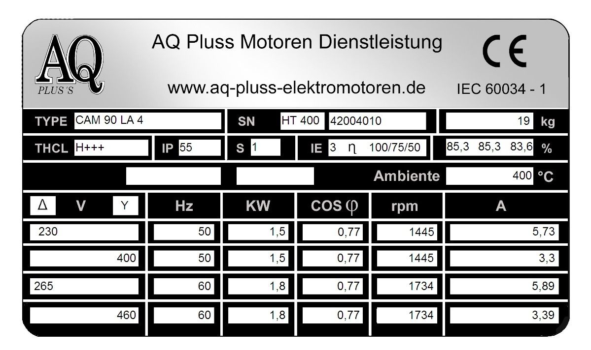 Elektromotor Typenschild 1,5 KW, 4 polig B3 Fu&szlig;motor, HTM 400, Nr 42004010