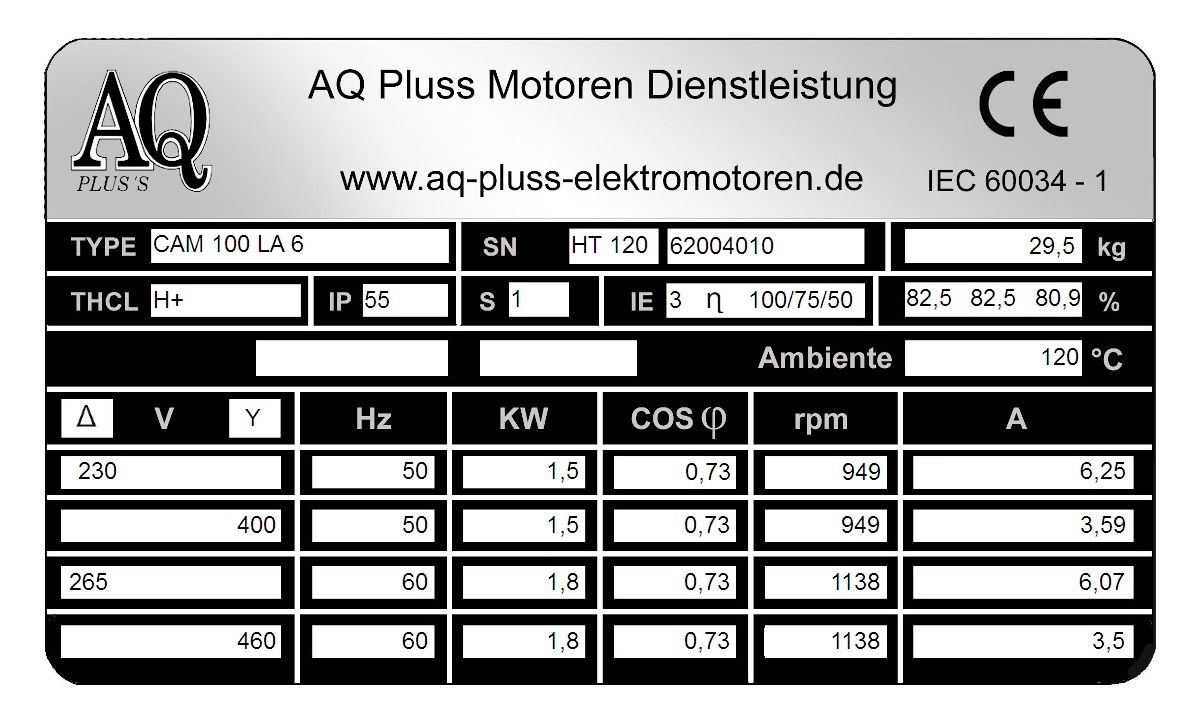 Elektromotor Typenschild 1,5 KW, 6 polig B34gr Fu&szlig;/Flansch-Motor, HTM 120, Nr 62004010