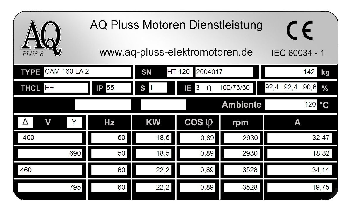Elektromotor Typenschild 18,5 KW 2 polig B35. Fu&szlig;/Flansch-Motor, HTM 120, Nr 2004017