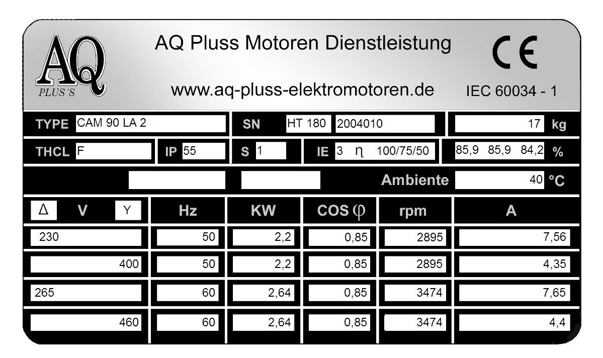 Elektromotor Typenschild 2,2 KW 2 polig B34kl. Fu&szlig;/Flansch-Motor, HTM 180, Nr 2004010