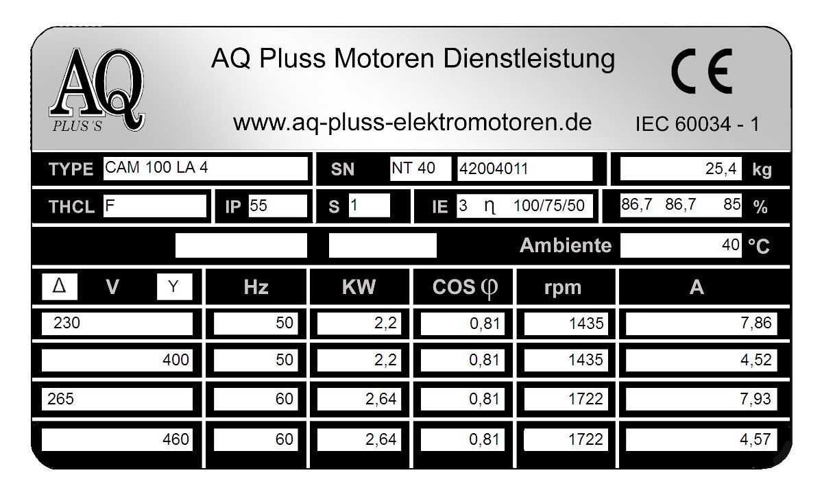 Elektromotor Typenschild 2,2 KW, 4 polig B34kl Fu&szlig;/Flansch-Motor, NTM 40, Nr 42004011