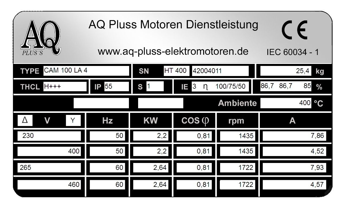 Elektromotor Typenschild 2,2 KW, 4 polig B35 Fu&szlig;/Flansch-Motor, HTM 400, Nr 42004011