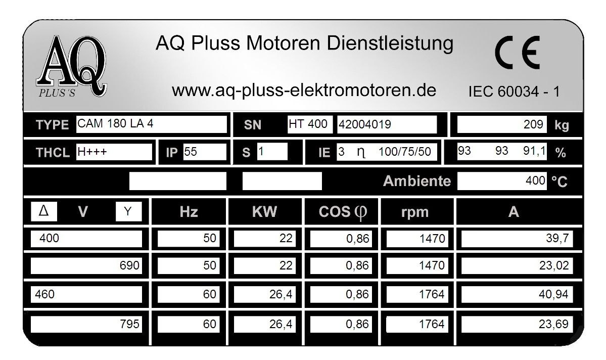 Elektromotor Typenschild 22 KW, 4 polig B35 Fu&szlig;/Flansch-Motor, HTM 400, Nr 42004019