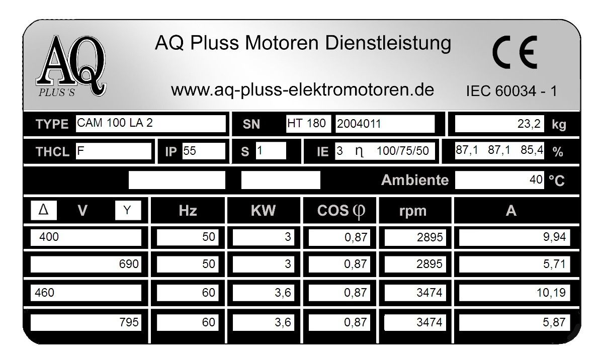 Elektromotor Typenschild 3 KW 2 polig B34gr. Fu&szlig;/Flansch-Motor, HTM 180, Nr 2004011