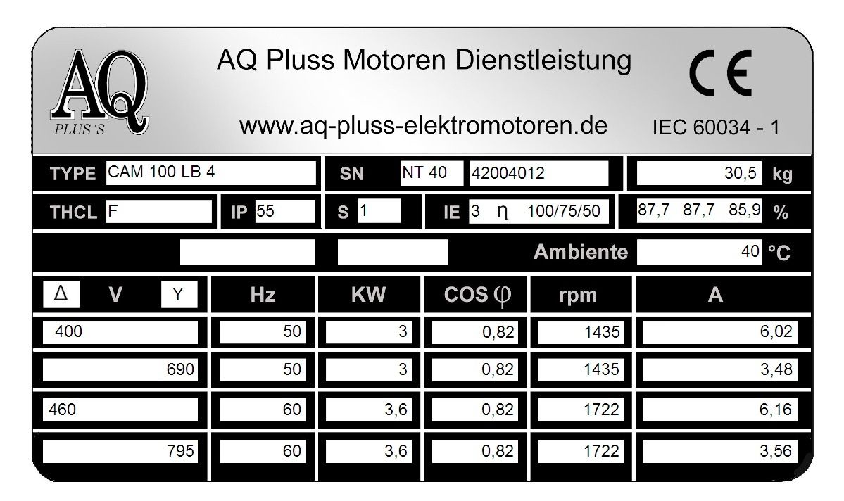 Elektromotor Typenschild 3 KW, 4 polig B34gr Fu&szlig;/Flansch-Motor, NTM 40, Nr 42004012