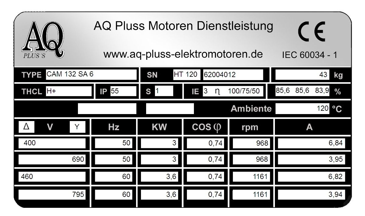 Elektromotor Typenschild 3 KW, 6 polig B34kl Fu&szlig;/Flansch-Motor, HTM 120, Nr 62004012