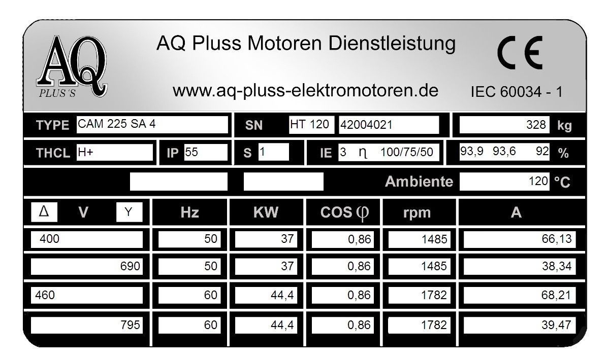 Elektromotor Typenschild 37 KW, 4 polig B35 Fu&szlig;/Flansch-Motor, HTM 120, Nr 42004021