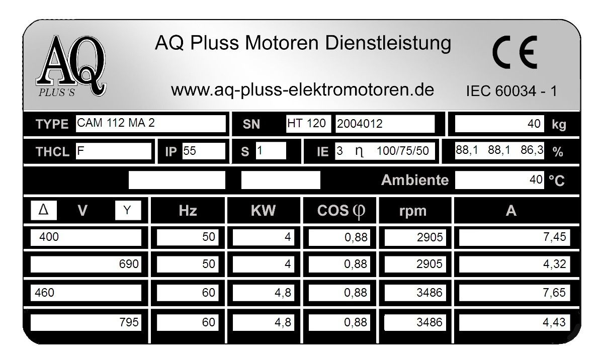 Elektromotor Typenschild 4 KW 2 polig B34kl. Fu&szlig;/Flansch-Motor, HTM 120, Nr 2004012