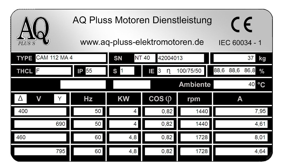 Elektromotor Typenschild 4 KW, 4 polig B35 Fu&szlig;/Flansch-Motor, NTM 40, Nr 42004013