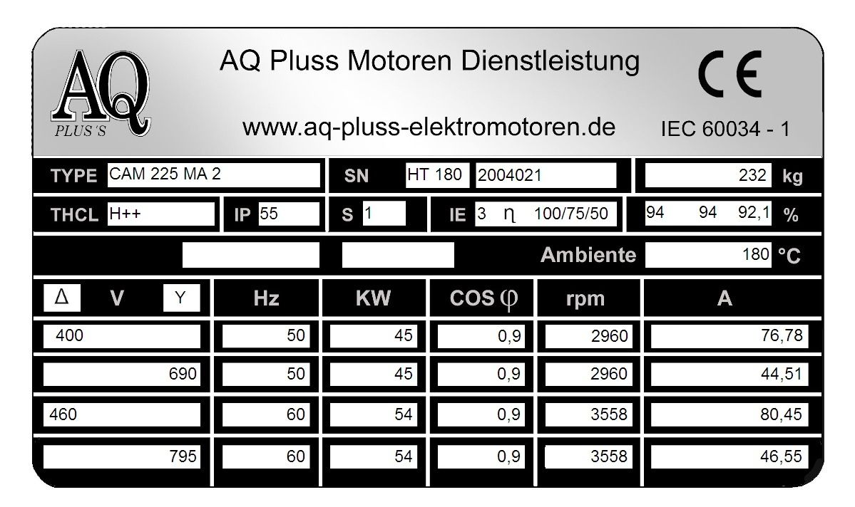 Elektromotor Typenschild 45 KW 2 polig B35. Fu&szlig;/Flansch-Motor, HTM 180, Nr 2004021