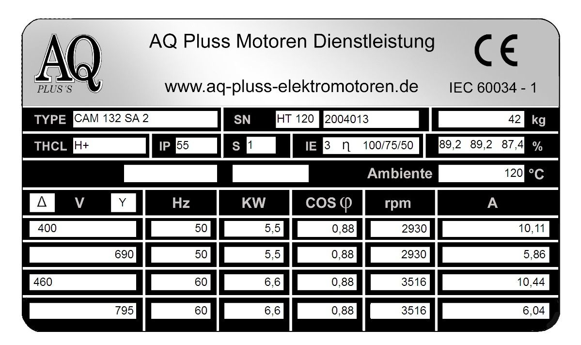 Elektromotor Typenschild 5,5 KW 2 polig B35. Fu&szlig;/Flansch-Motor, HTM 120, Nr 2004013