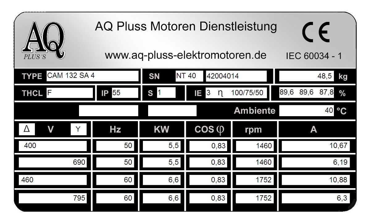 Elektromotor Typenschild 5,5 KW, 4 polig B34gr Fu&szlig;/Flansch-Motor, NTM 40, Nr 42004014