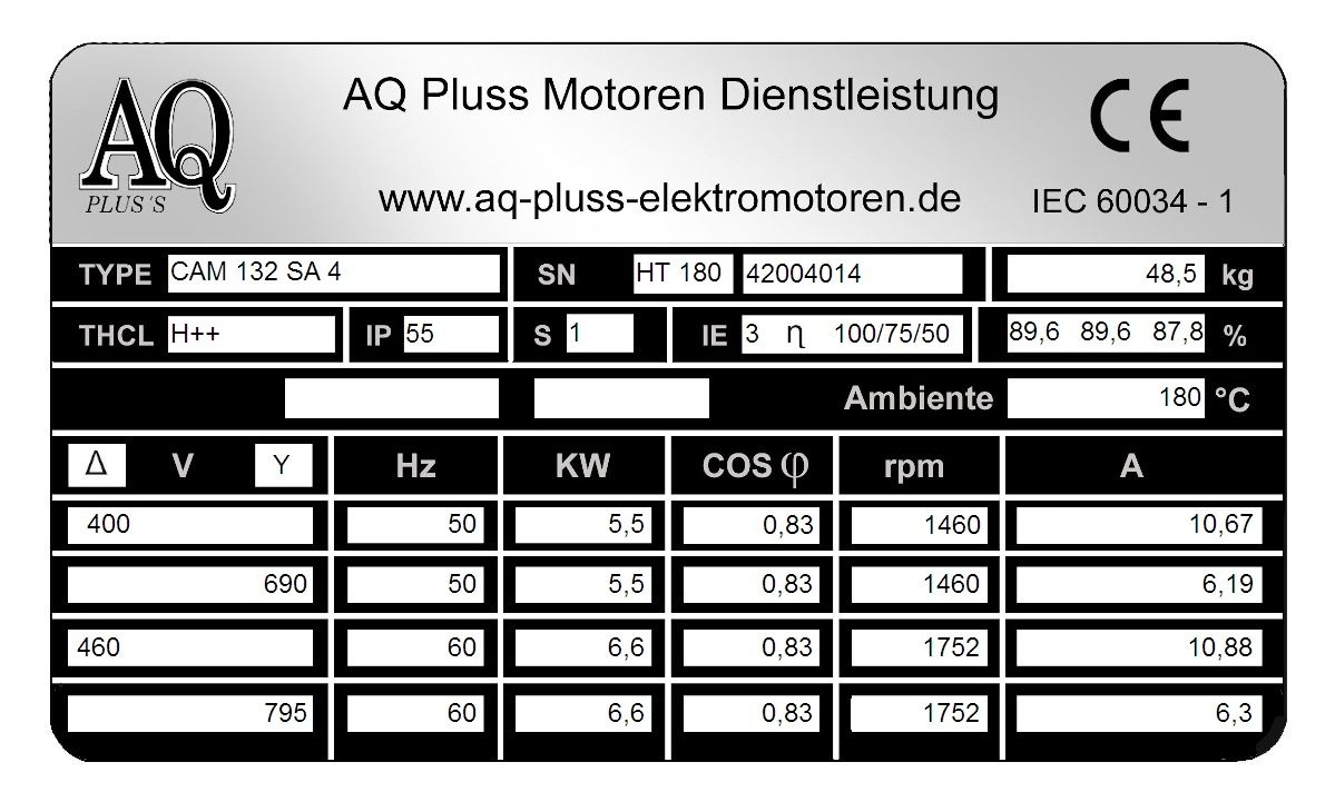 Elektromotor Typenschild 5,5 KW, 4 polig B35 Fu&szlig;/Flansch-Motor, HTM 180, Nr 42004014