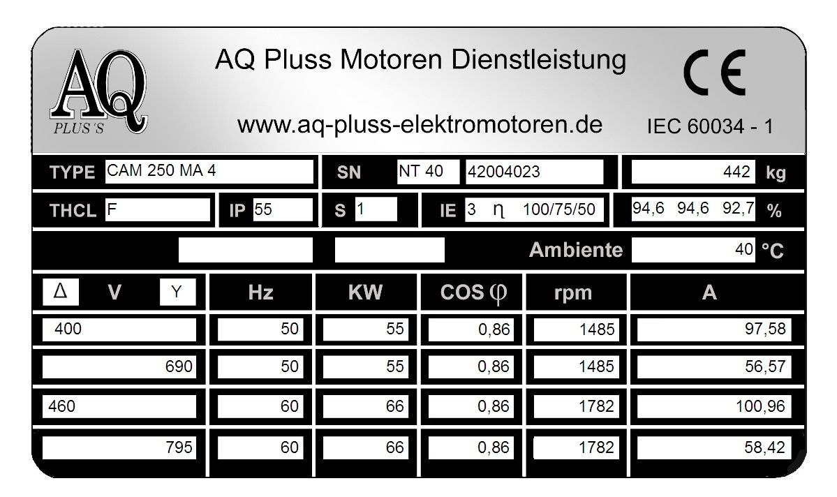 Elektromotor Typenschild 55 KW, 4 polig B35 Fu&szlig;/Flansch-Motor, NTM 40, Nr 42004023