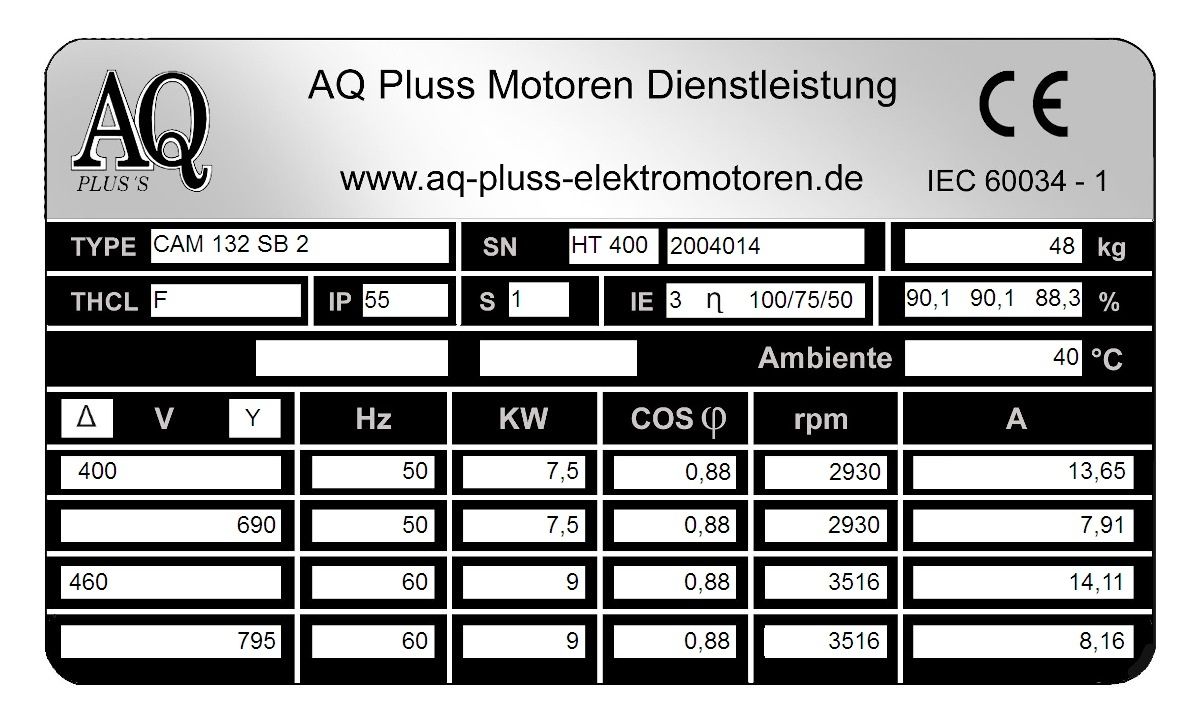 Elektromotor Typenschild 7,5 KW 2 polig B34gr. Fu&szlig;/Flansch-Motor, HTM 400, Nr 2004014
