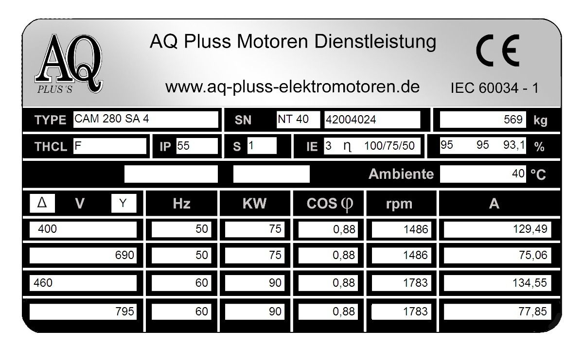 Elektromotor Typenschild 75 KW, 4 polig B35 Fu&szlig;/Flansch-Motor, NTM 40, Nr 42004024
