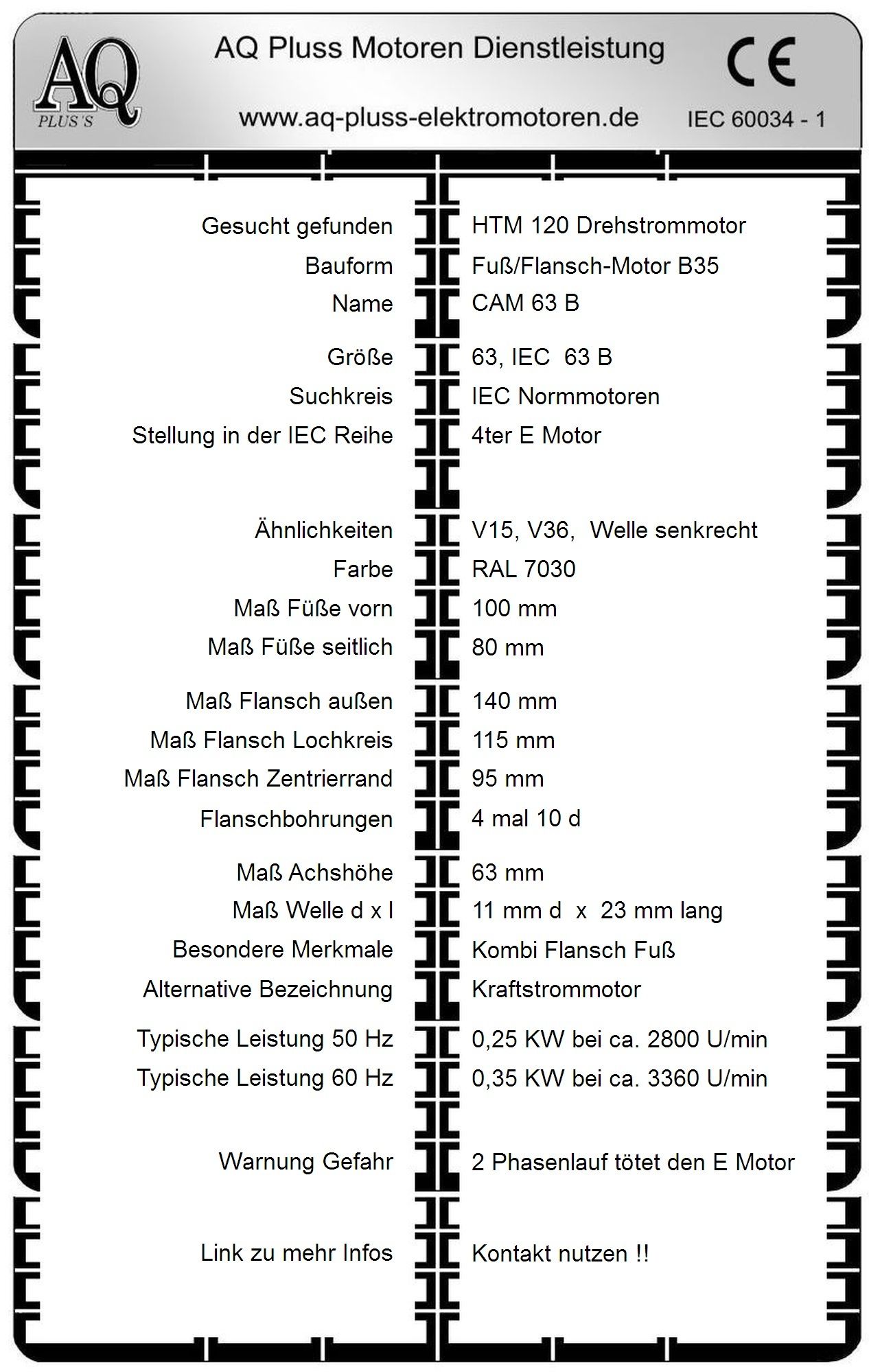 Elektromotor Steckbrief 0,25 KW D Mot, 2 polig (2800 U/min), B35. Fu&szlig;/Flansch-Motor, HTM 120, Typennummer 2004004