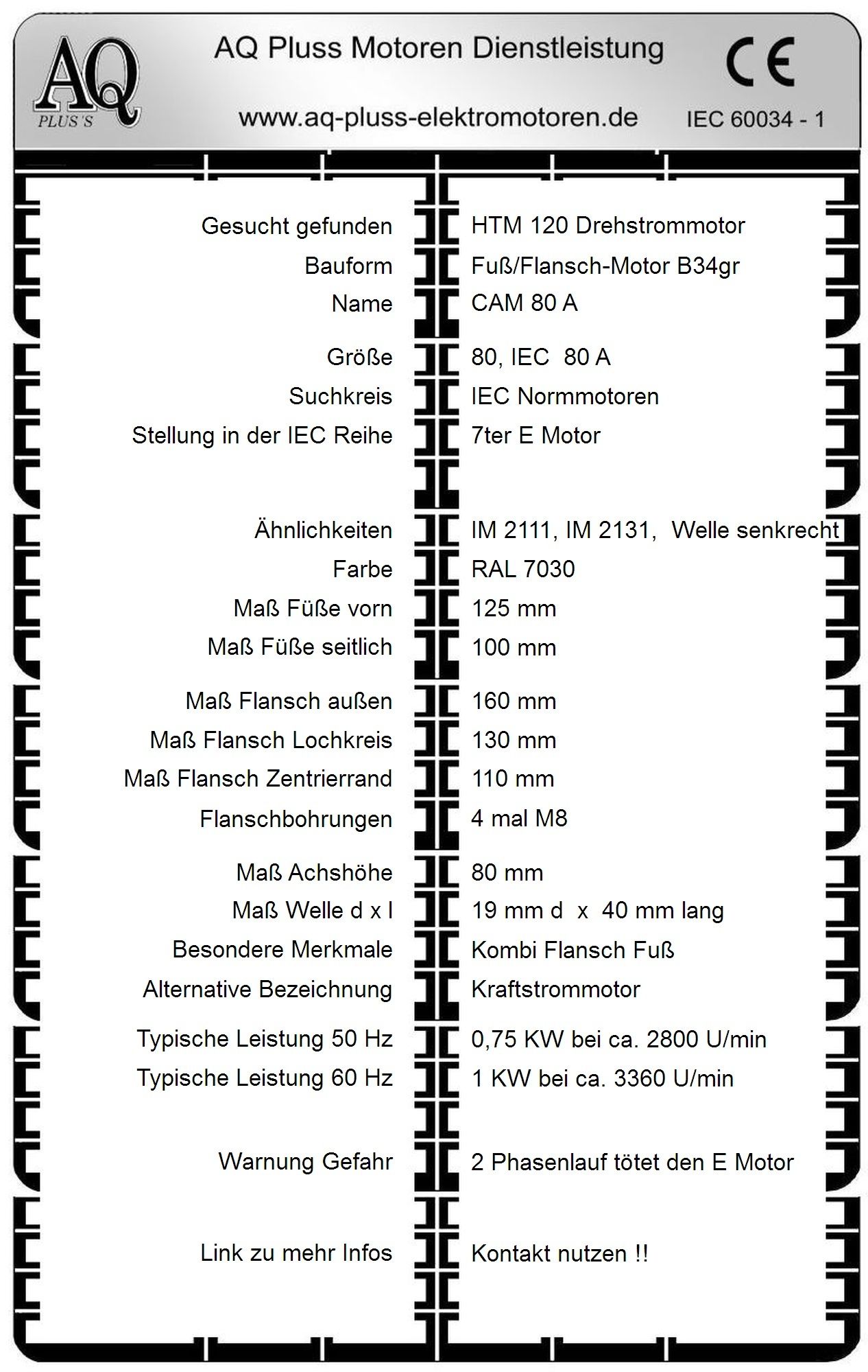 Elektromotor Steckbrief 0,75 KW D Mot, 2 polig (2800 U/min), B34gr. Fu&szlig;/Flansch-Motor, HTM 120, Typennummer 2004007