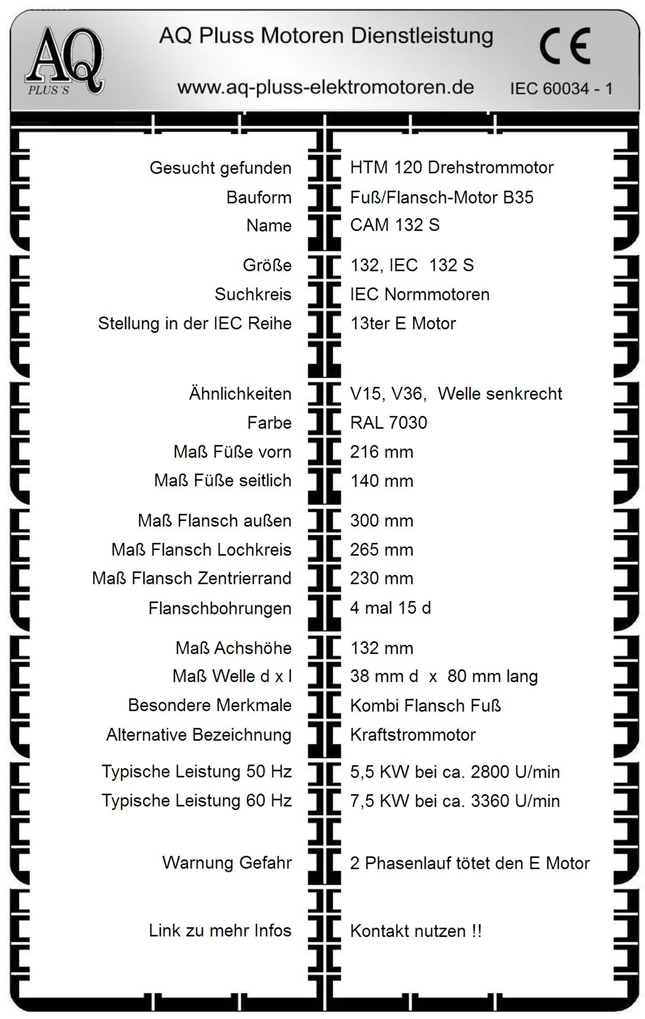 Elektromotor Steckbrief 5,5 KW D Mot, 2 polig (2800 U/min), B35. Fu&szlig;/Flansch-Motor, HTM 120, Typennummer 2004013