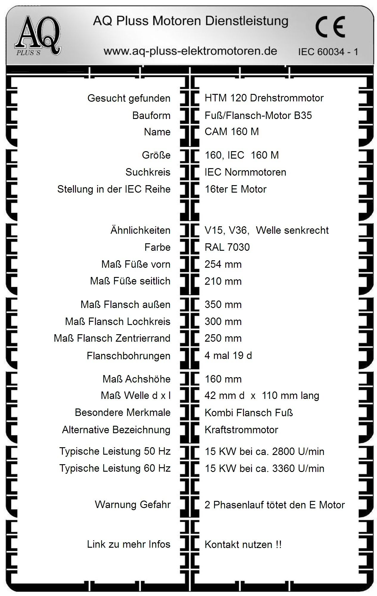Elektromotor Steckbrief 15 KW D Mot, 2 polig (2800 U/min), B35. Fu&szlig;/Flansch-Motor, HTM 120, Typennummer 2004016