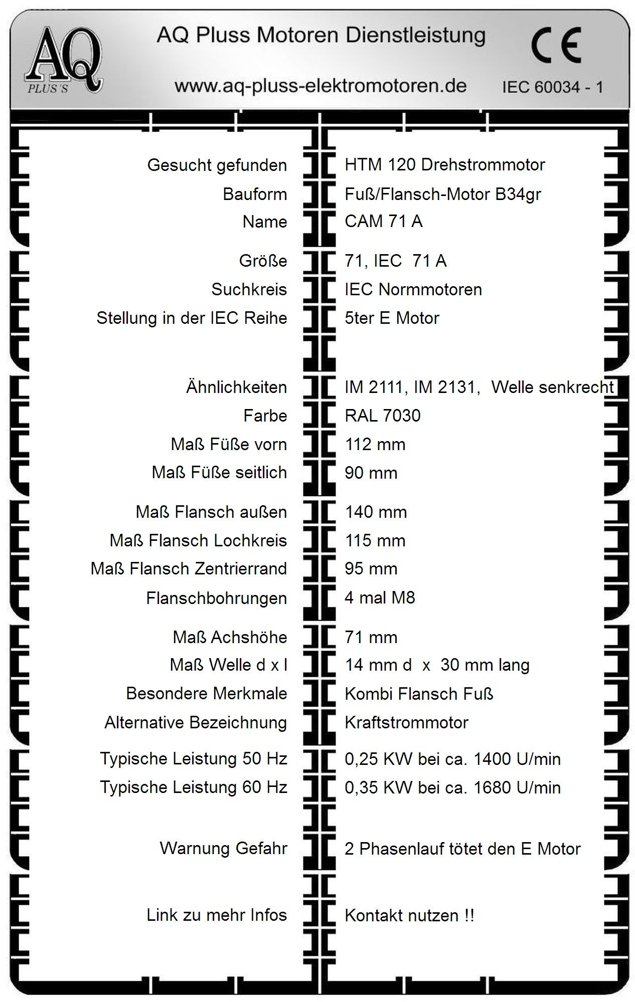 Elektromotor Steckbrief 0,25 KW, D Mot, 4 polig (1400 U/min), B34gr Fu&szlig;/Flansch-Motor, HTM 120, Typennummer 42004005