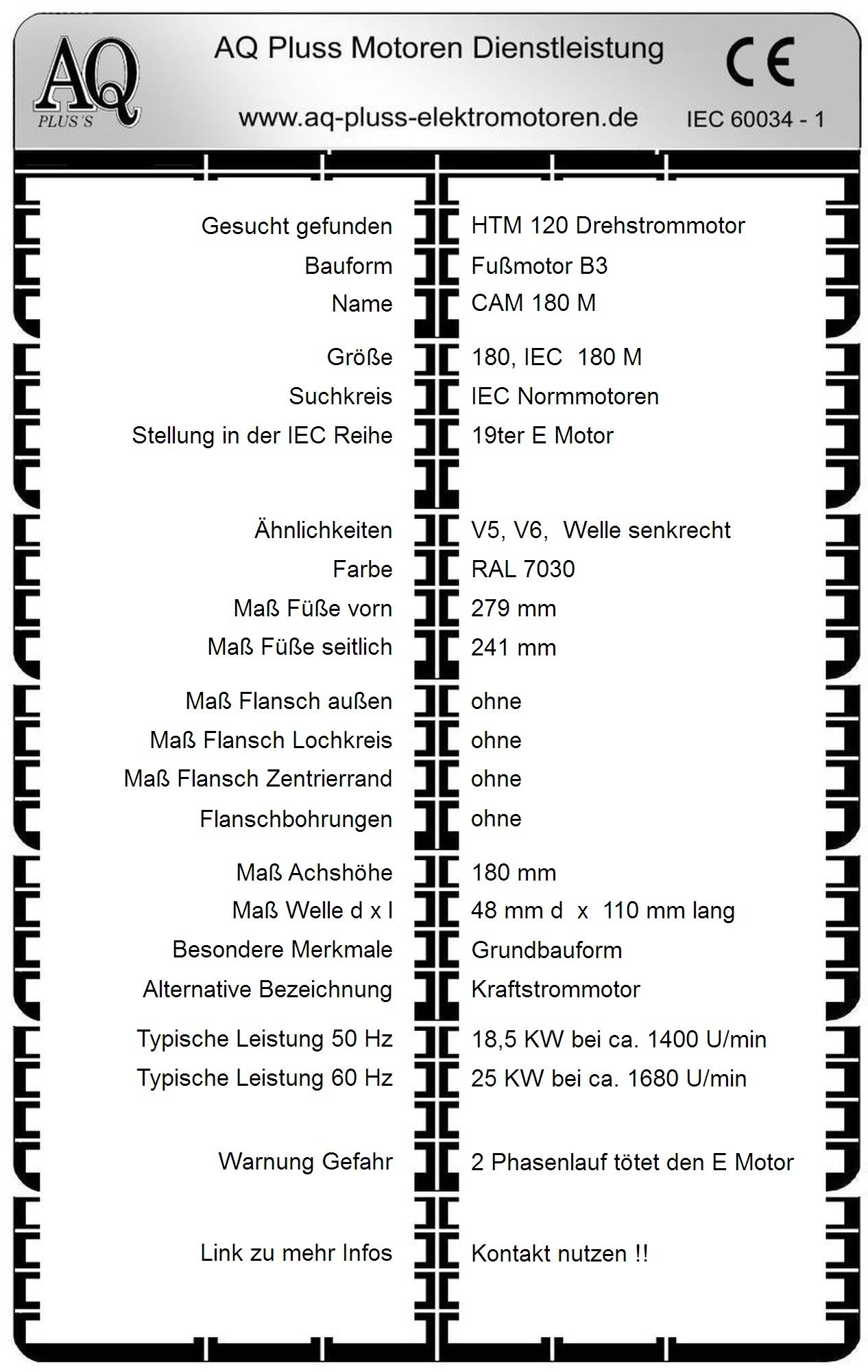 Elektromotor Steckbrief 18,5 KW, D Mot, 4 polig (1400 U/min), B3 Fu&szlig;motor, HTM 120, Typennummer 42004018