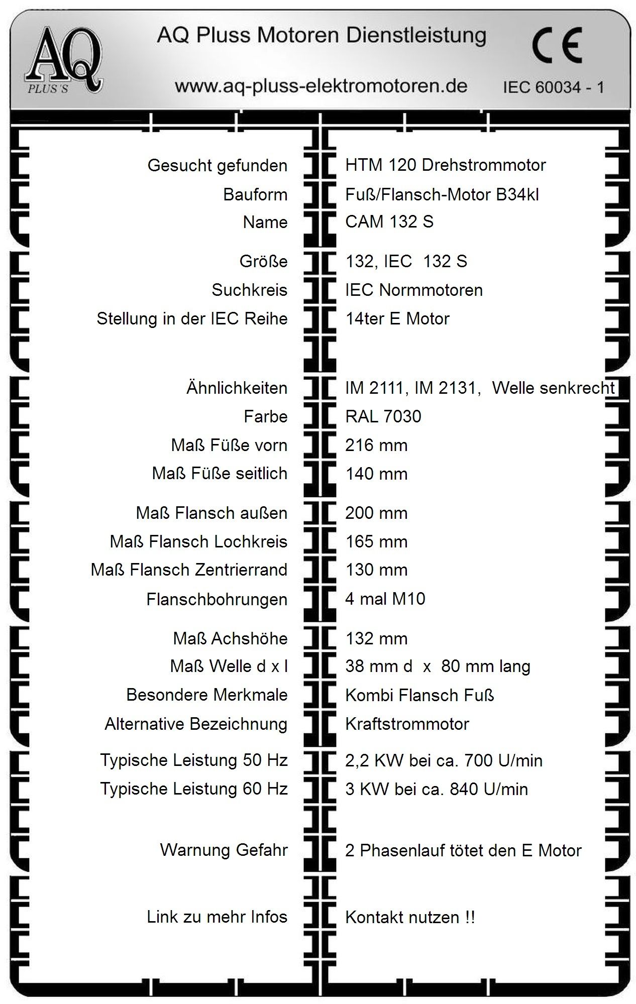 Elektromotor Steckbrief 2,2 KW, D Mot, 8 polig (700 U/min), B34kl Fu&szlig;/Flansch-Motor, HTM 120, Typennummer 82004010
