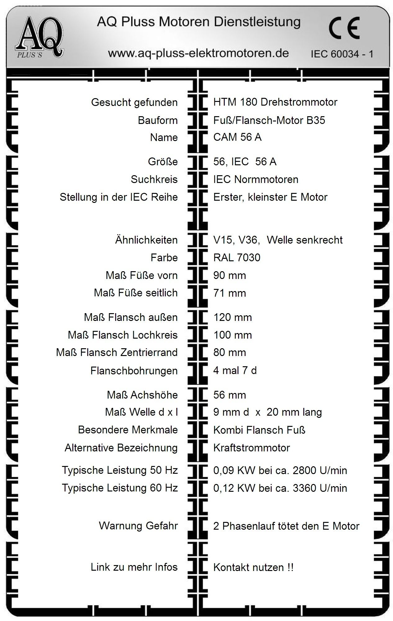 Elektromotor Steckbrief 0,09 KW D Mot, 2 polig (2800 U/min), B35. Fu&szlig;/Flansch-Motor, HTM 180, Typennummer 2004001