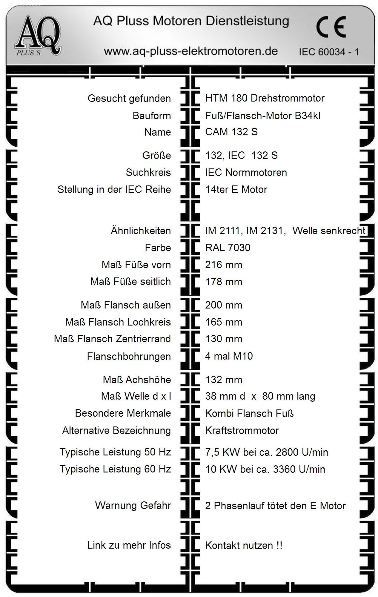 Elektromotor Steckbrief 7,5 KW D Mot, 2 polig (2800 U/min), B34kl. Fu&szlig;/Flansch-Motor, HTM 180, Typennummer 2004014