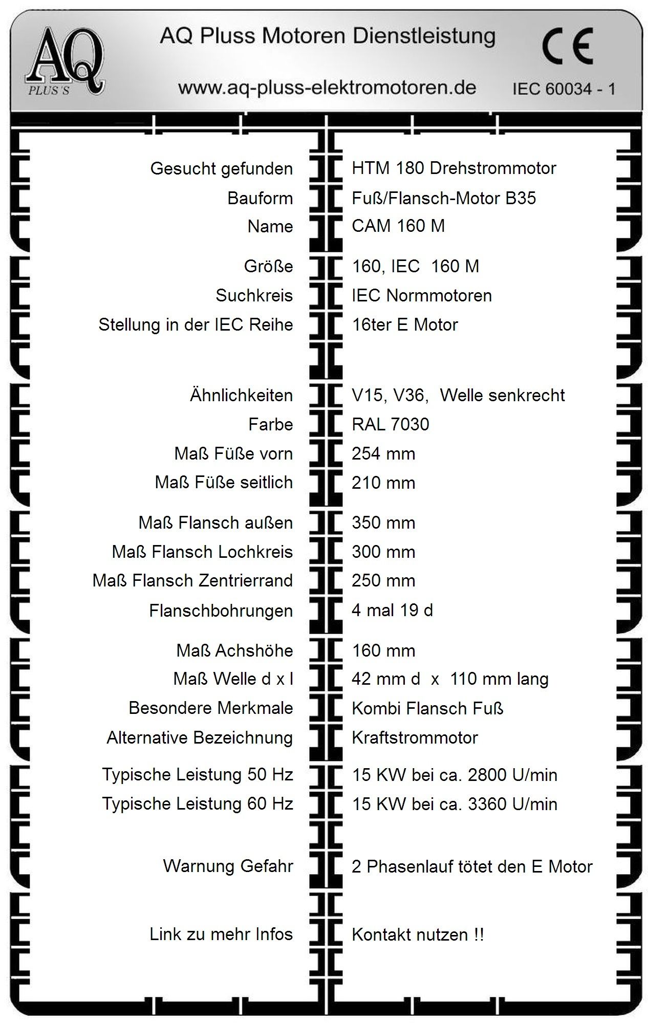 Elektromotor Steckbrief 15 KW D Mot, 2 polig (2800 U/min), B35. Fu&szlig;/Flansch-Motor, HTM 180, Typennummer 2004016