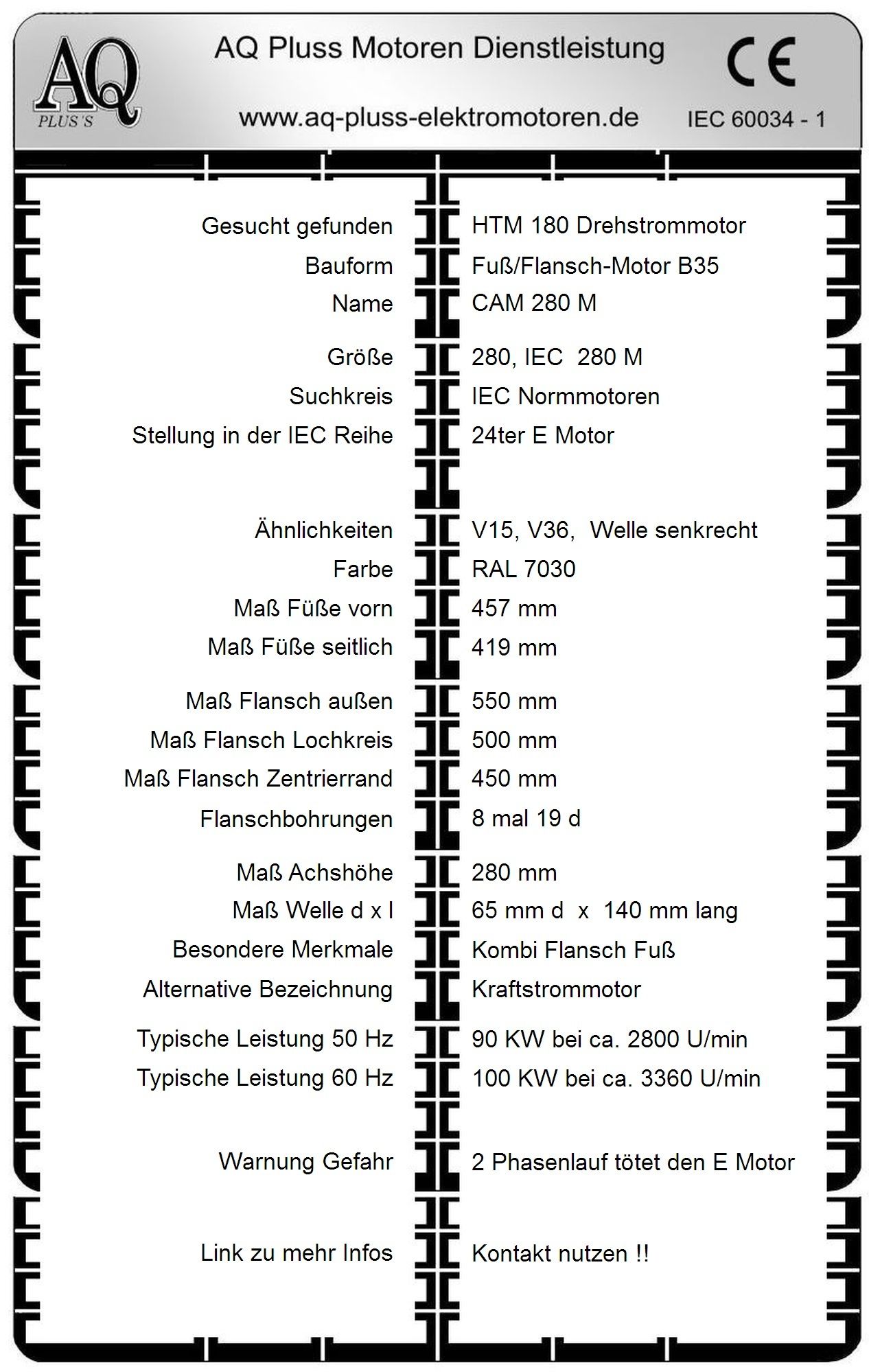 Elektromotor Steckbrief 90 KW D Mot, 2 polig (2800 U/min), B35. Fu&szlig;/Flansch-Motor, HTM 180, Typennummer 2004024