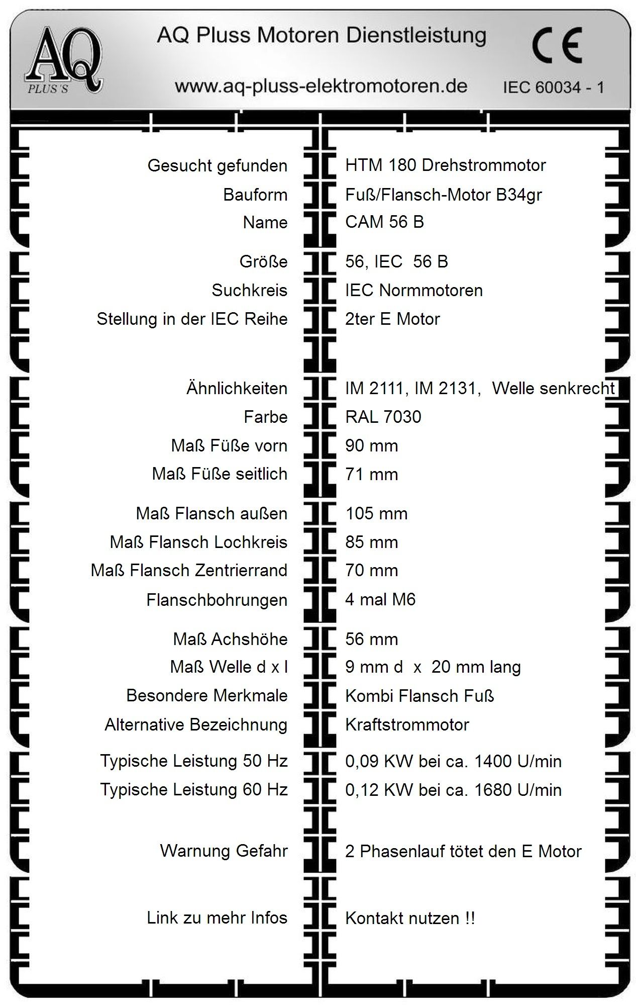 Elektromotor Steckbrief 0,09 KW, D Mot, 4 polig (1400 U/min), B34gr Fu&szlig;/Flansch-Motor, HTM 180, Typennummer 42004002