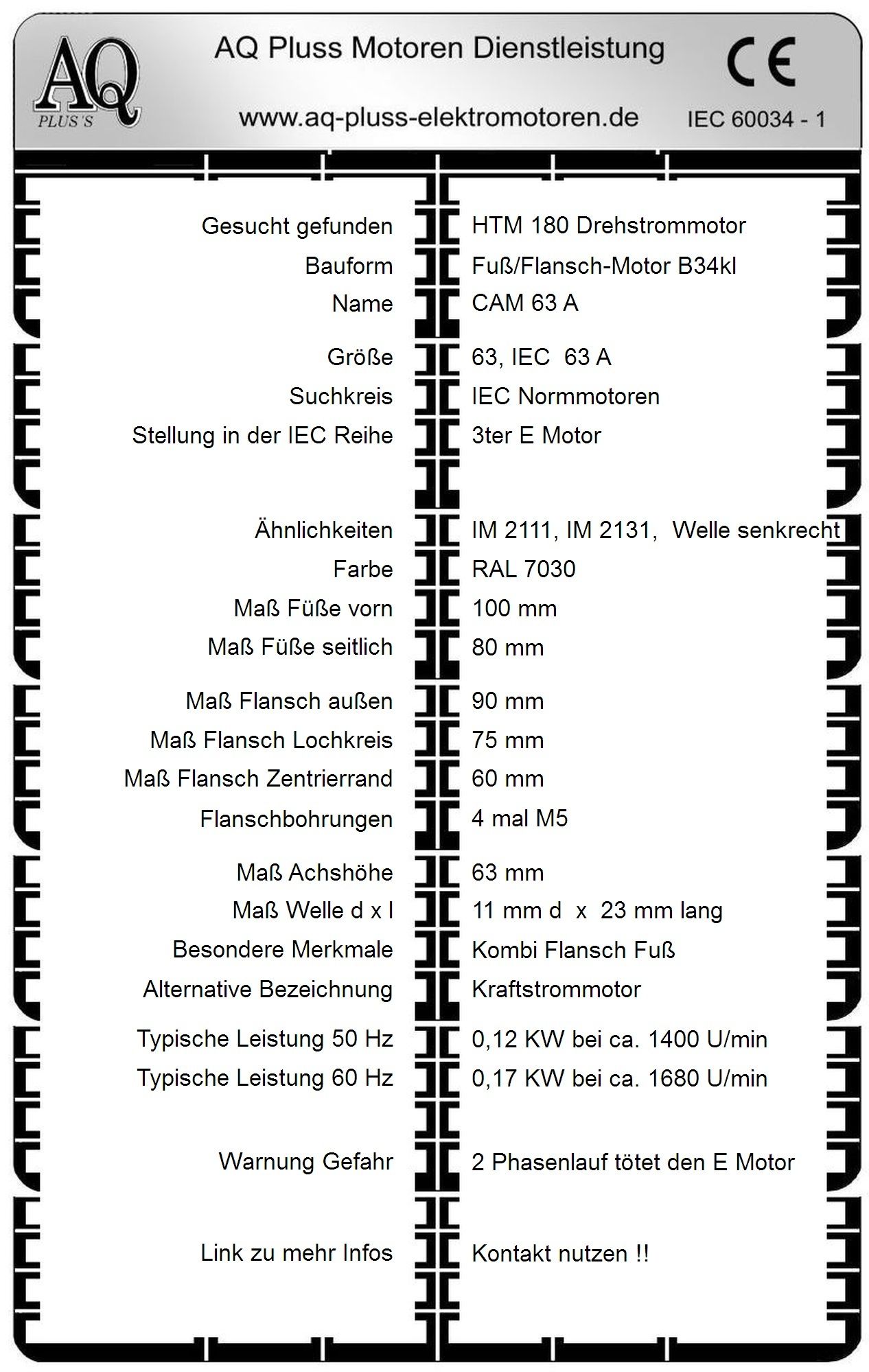 Elektromotor Steckbrief 0,12 KW, D Mot, 4 polig (1400 U/min), B34kl Fu&szlig;/Flansch-Motor, HTM 180, Typennummer 42004003