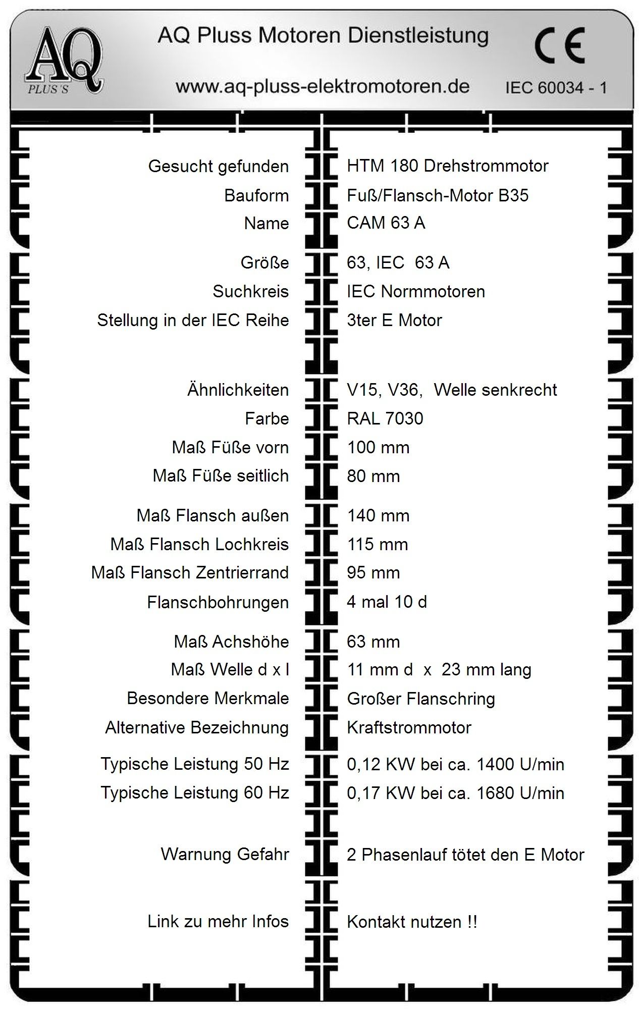 Elektromotor Steckbrief 0,12 KW, D Mot, 4 polig (1400 U/min), B35 Fu&szlig;/Flansch-Motor, HTM 180, Typennummer 42004003