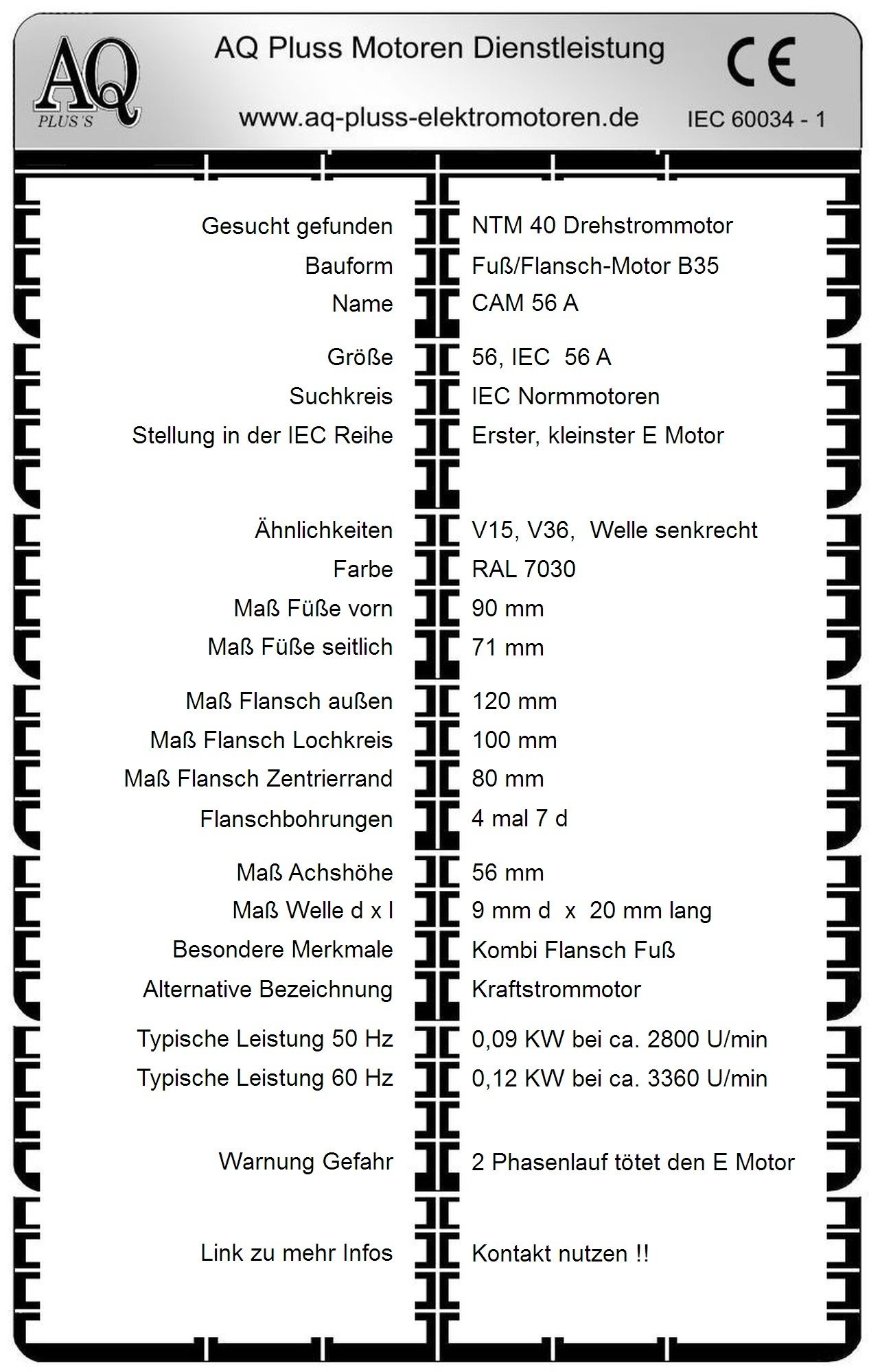 Elektromotor Steckbrief 0,09 KW D Mot, 2 polig (2800 U/min), B35. Fu&szlig;/Flansch-Motor, NTM 40, Typennummer 2004001